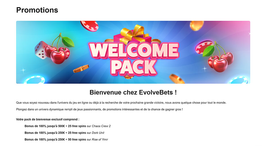 page welcome bonus evolvebets